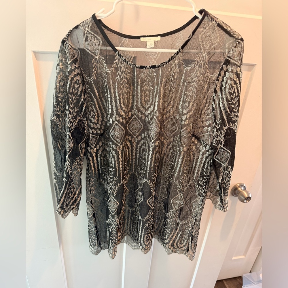 Sheer Black Mesh Lace Embroidered Top Large Boho Festival Blouse